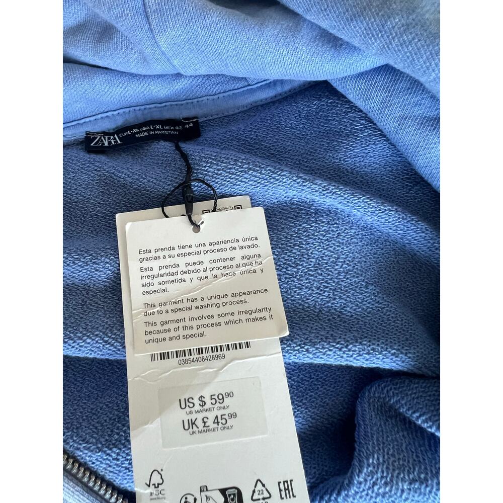 NWT Zara Denim Stone Washed Long Sleeve Quarter Zip Kangaroo‎ Pocket Hoodie L-XL - Picture 9 of 9
